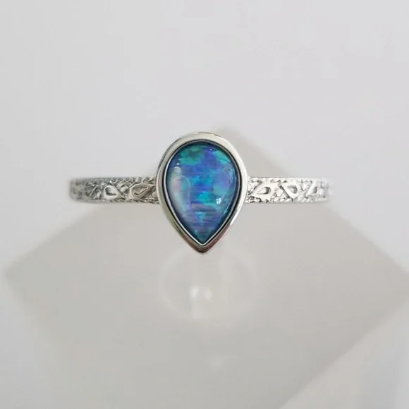 18k Over Sterling Blue Opal Ring - Picture 2 of 8